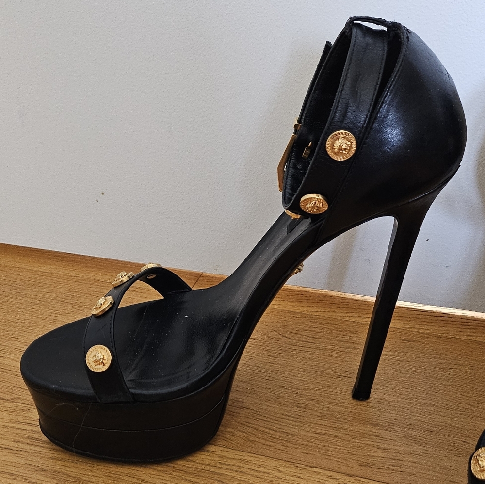 Versace Icon Black Platform Stiletto Ankle Strap Heels Gold Medallion Studs - Picture 6 of 15